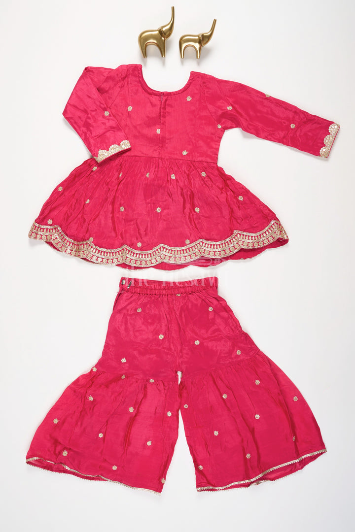 The Nesavu Girls Sharara / Plazo Set Red Viscose Silk Girls Sharara Set with Gold Embroidery and Scalloped Hem Design Nesavu Nesavu Girls Red Viscose Silk Sharara Gold Embroidery Scalloped Hem Matching Dupatta