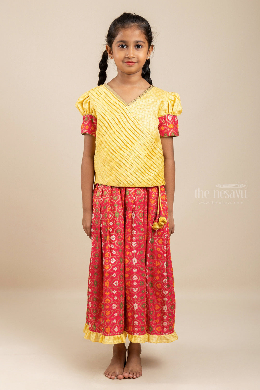 The Nesavu Pattu Pavadai Red Wine Poochampally Pattu Pavadai With Sandal Pin-Tucked Blouse Nesavu 16 (1Y) / Salmon GPP186-16 Indian Ikat Print Pattu Pavada | Ikat Silk Skirts And Top | The Nesavu