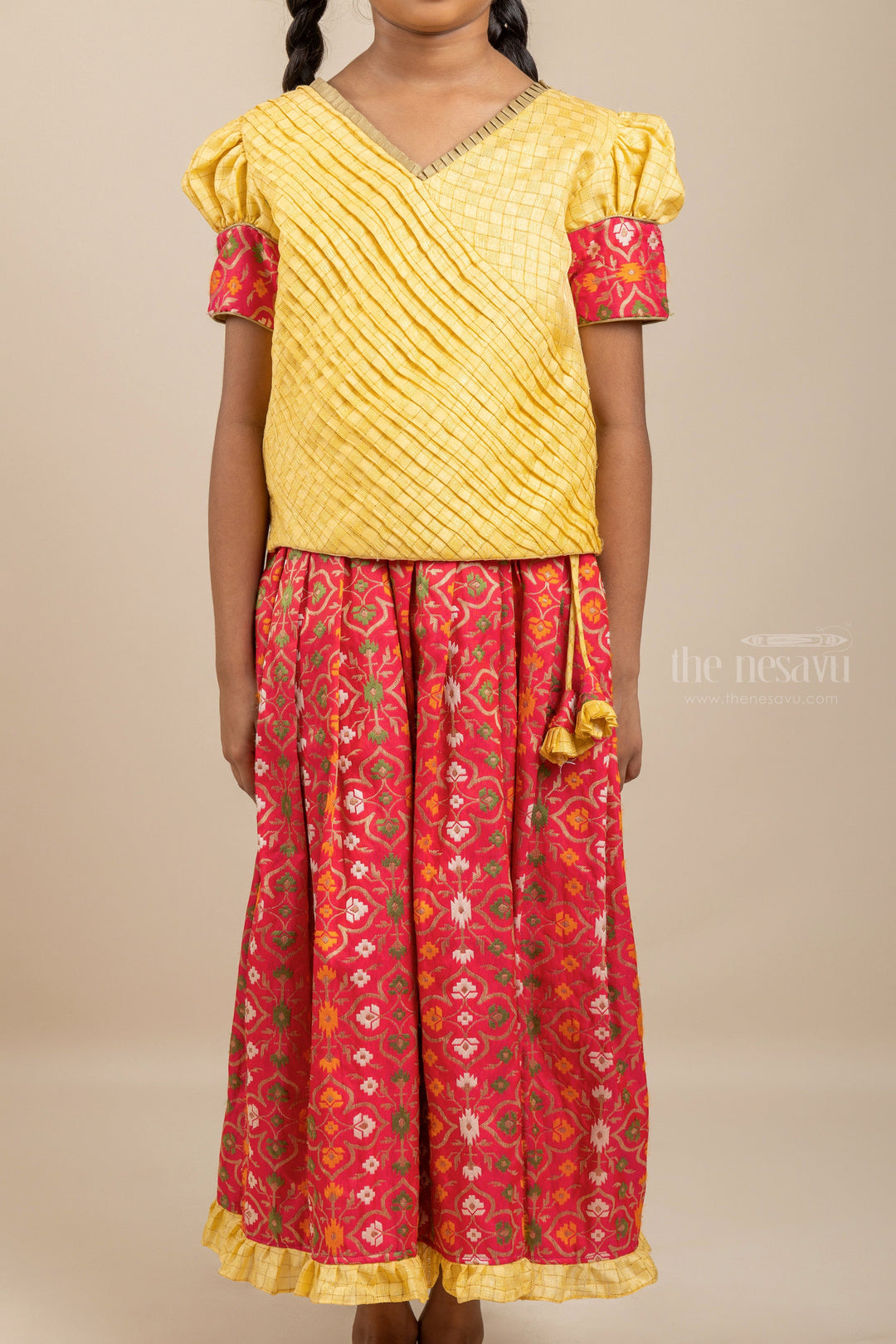 The Nesavu Pattu Pavadai Red Wine Poochampally Pattu Pavadai With Sandal Pin-Tucked Blouse Nesavu Indian Ikat Print Pattu Pavada | Ikat Silk Skirts And Top | The Nesavu