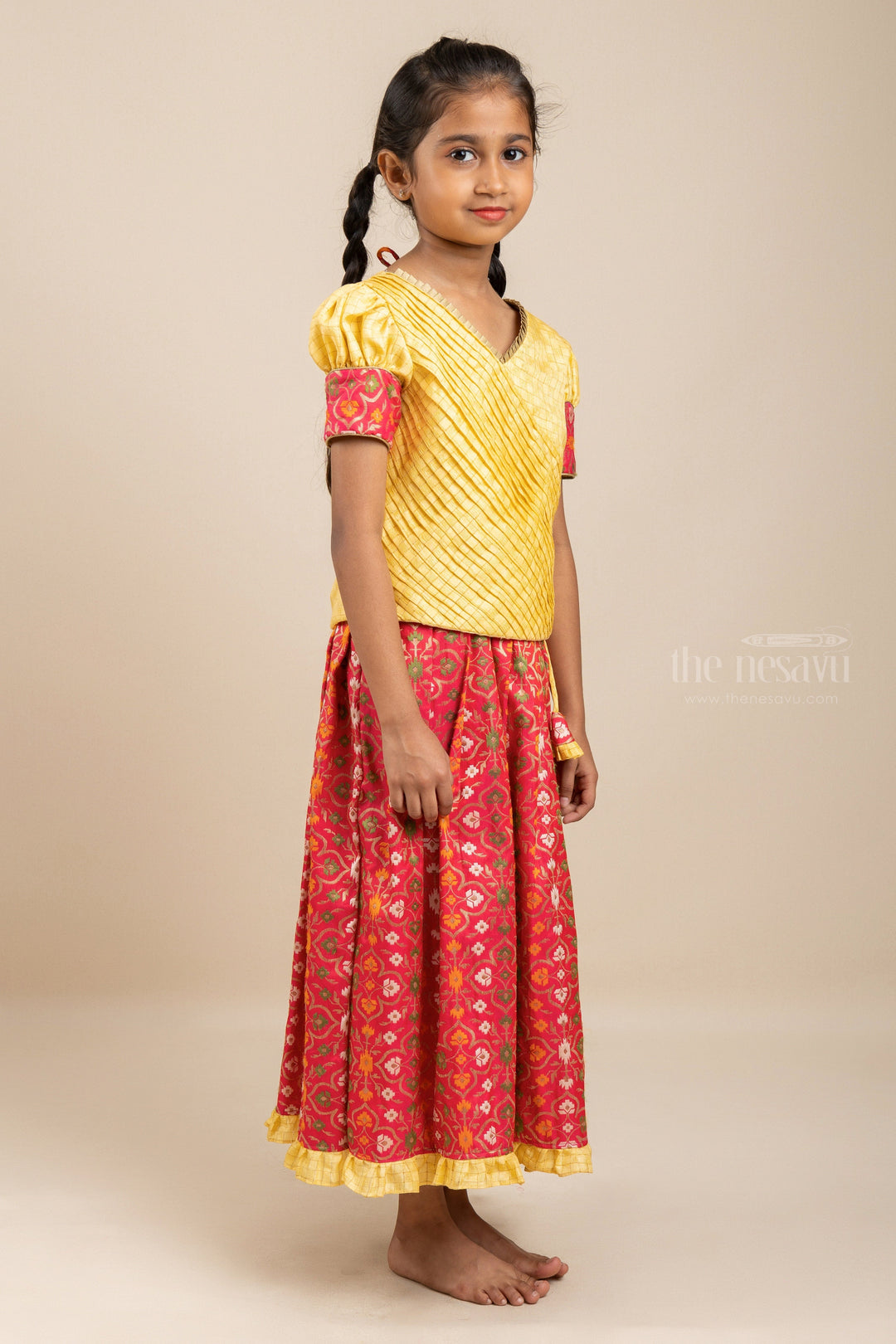 The Nesavu Pattu Pavadai Red Wine Poochampally Pattu Pavadai With Sandal Pin-Tucked Blouse Nesavu Indian Ikat Print Pattu Pavada | Ikat Silk Skirts And Top | The Nesavu