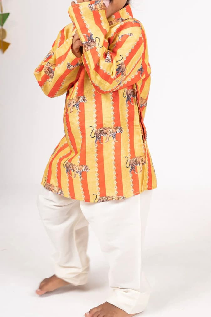 The Nesavu Boys Kurtha Set Red with Yellow Striped Designer Printed Cotton Kurta for Baby Boys Nesavu Shop Ethnic Kurta For Boys Online | The Nesavu
