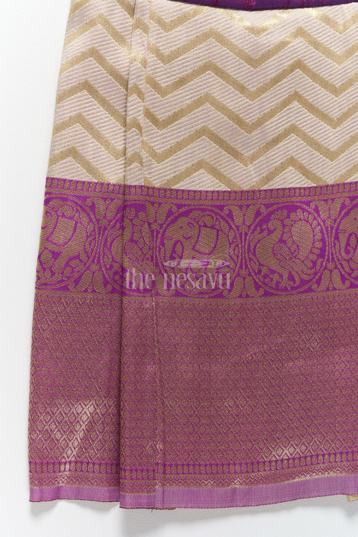 The Nesavu Silk Frock Regal Purple and Gold Jacquard Indian Frock for Girls with Intricate Border Details Nesavu Nesavus Purple Gold Jacquard Indian Frock Girls Rich Border Motifs