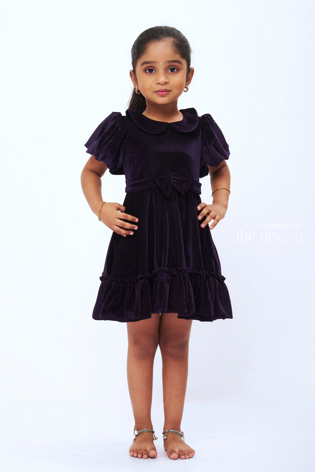 The Nesavu Girls Fancy Frock Regal Purple Velvet Party Frock for Girls Luxurious Casual Wear Nesavu 14 (6M) / Purple / Velvet GFC1101D-14 Girls Velvet Frock | Purple Party Wear Dress | Luxe Baby Frock Online | The Nesavu