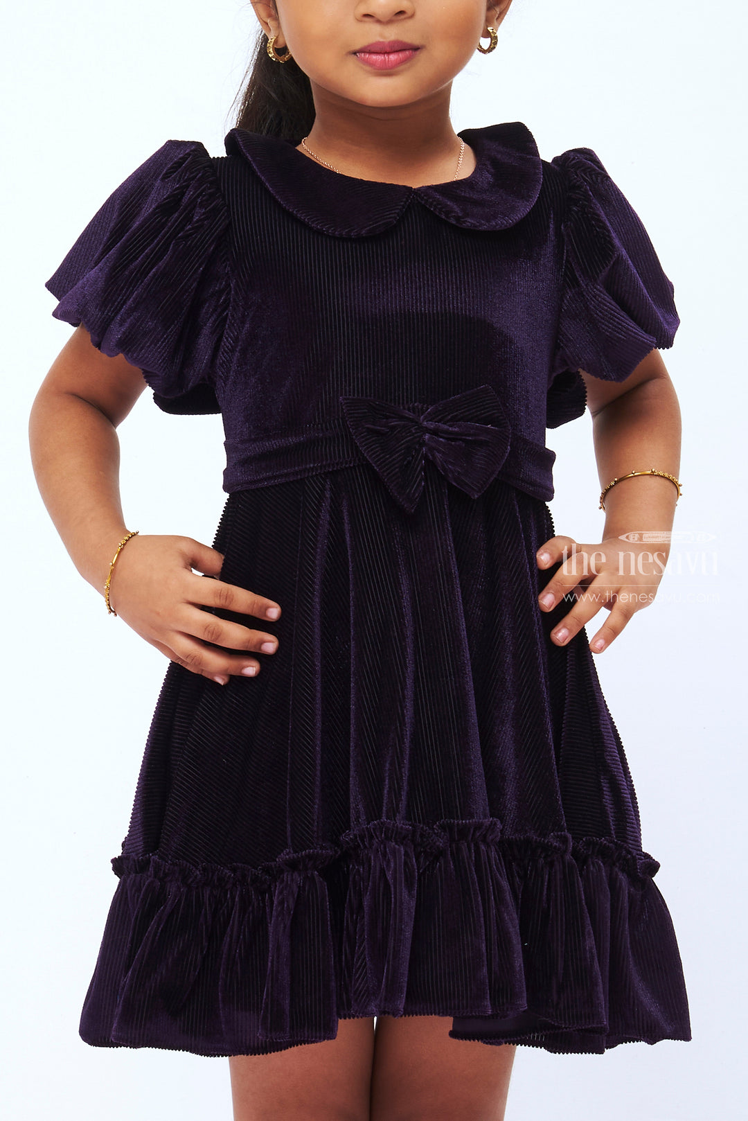 The Nesavu Girls Fancy Frock Regal Purple Velvet Party Frock for Girls Luxurious Casual Wear Nesavu Girls Velvet Frock | Purple Party Wear Dress | Luxe Baby Frock Online | The Nesavu