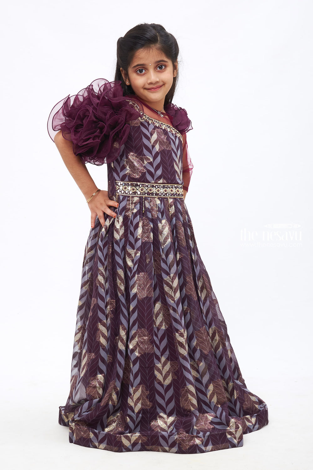 The Nesavu Girls Party Gown Regal Radiance: Mirror Embroidered with Ruffled Purple Party Gown for Girls Nesavu Deep Purple Gown with Mirror Embroidery | Luxurious Party Ensemble for Girls | The Nesavu