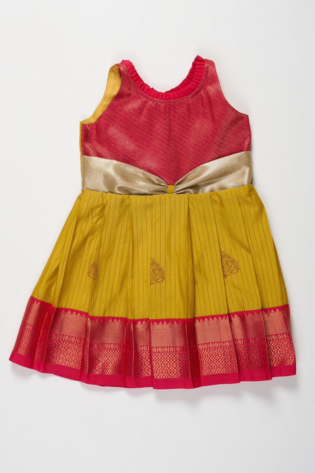 The Nesavu Girls Kanchi Silk Frock Regal Red and Yellow Silk Frock with Golden Bow Nesavu 16 (1Y) / Yellow / Style 3 SF810C-16 Regal Red and Yellow Silk Frock with Golden Bow for Kids