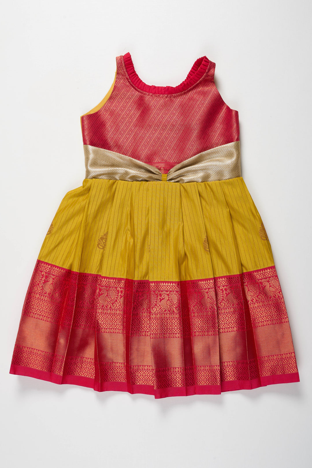 The Nesavu Girls Kanchi Silk Frock Regal Red and Yellow Silk Frock with Golden Bow Nesavu 18 (2Y) / Yellow / Style 2 SF810B-18 Regal Red and Yellow Silk Frock with Golden Bow for Kids