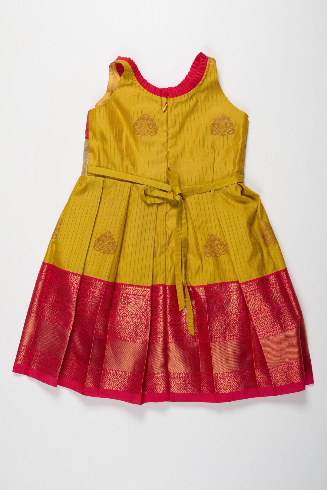 The Nesavu Girls Kanchi Silk Frock Regal Red and Yellow Silk Frock with Golden Bow Nesavu Regal Red and Yellow Silk Frock with Golden Bow for Kids