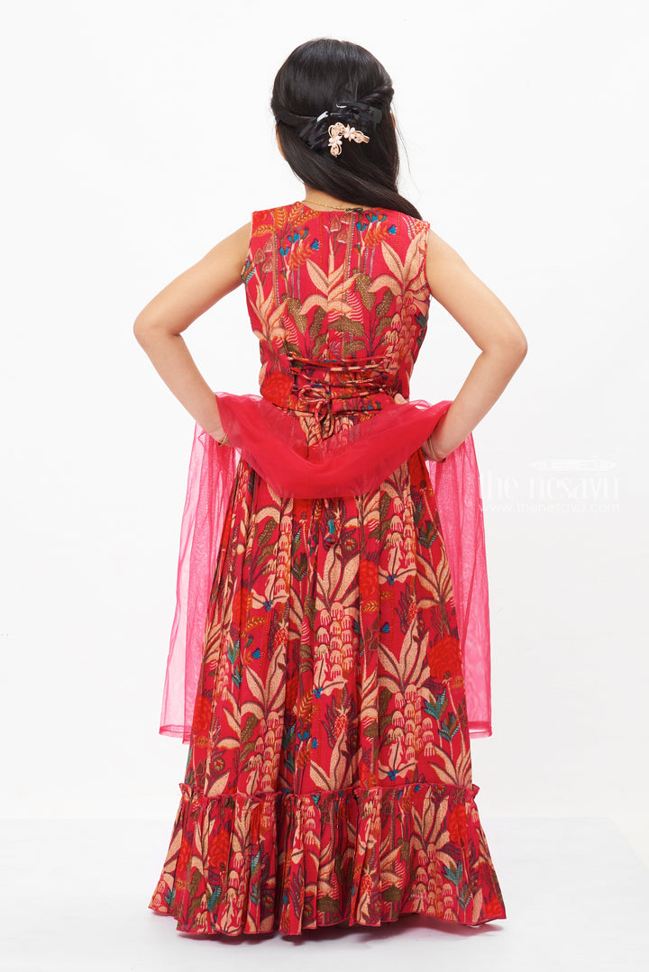 The Nesavu Girls Lehenga Choli Regal Red Ghagra Choli with Botanical Prints - Perfect for Eid Festivities and Occasions Nesavu Shop Red Botanical Print Ghagra Choli for Eid | Traditional Ethnic Wear | The Nesavu