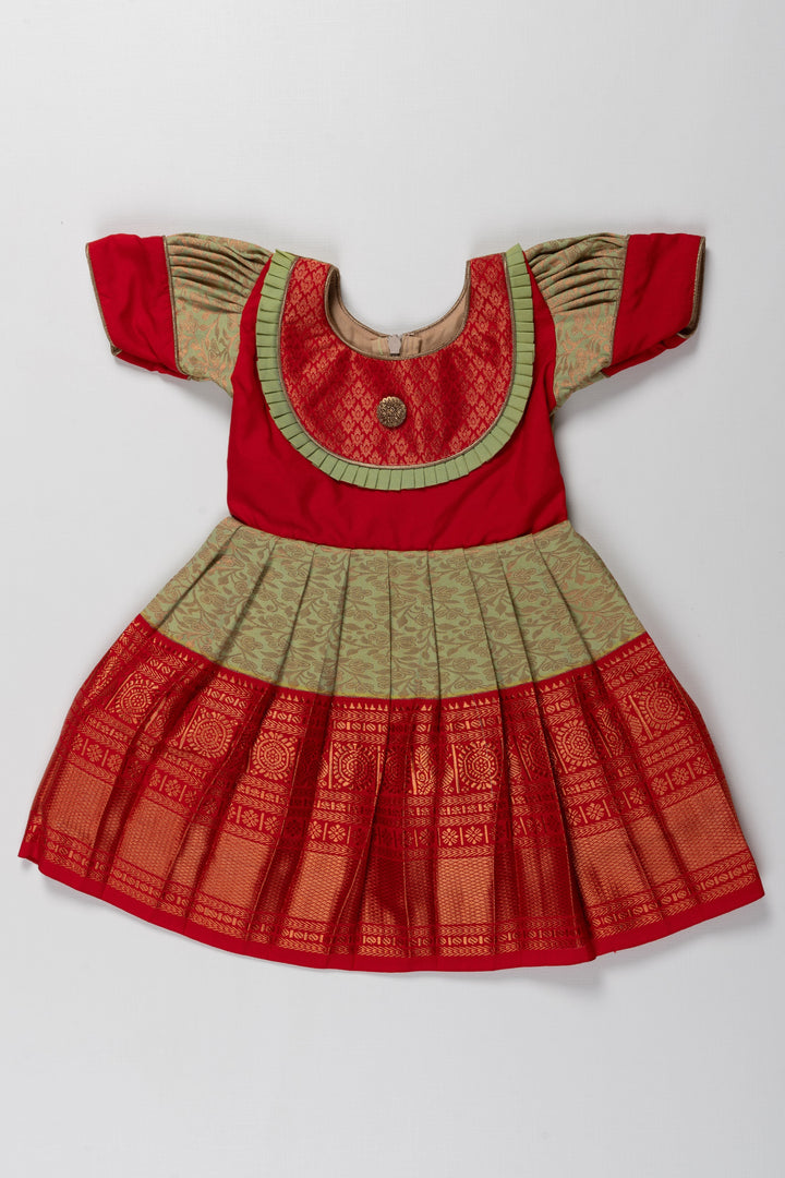 The Nesavu Girls Kanchi Silk Frock Resham Kanchivaram Silk Frock for Kids - Perfect for Annaprasana and Namkaran Nesavu 14 (6M) / Red / Style 2 SF789B-14 Resham Kanchivaram Silk Frock for Kids - Ideal for Annaprasana and Namkaran