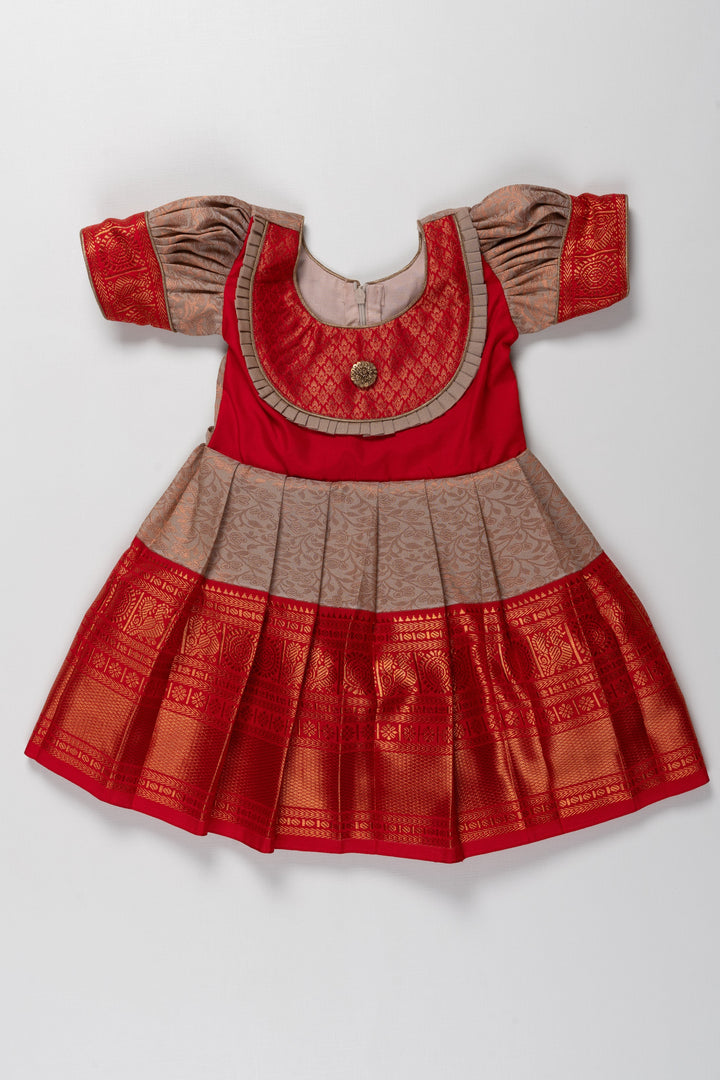 The Nesavu Girls Kanchi Silk Frock Reshme Kanchivaram Silk Frock for Kids - Suitable for Ganeshotsav Nesavu 14 (6M) / Gray / Style 1 SF799A-14 Reshme Kanchivaram Silk Frock for Kids - Ideal for Ganeshotsav