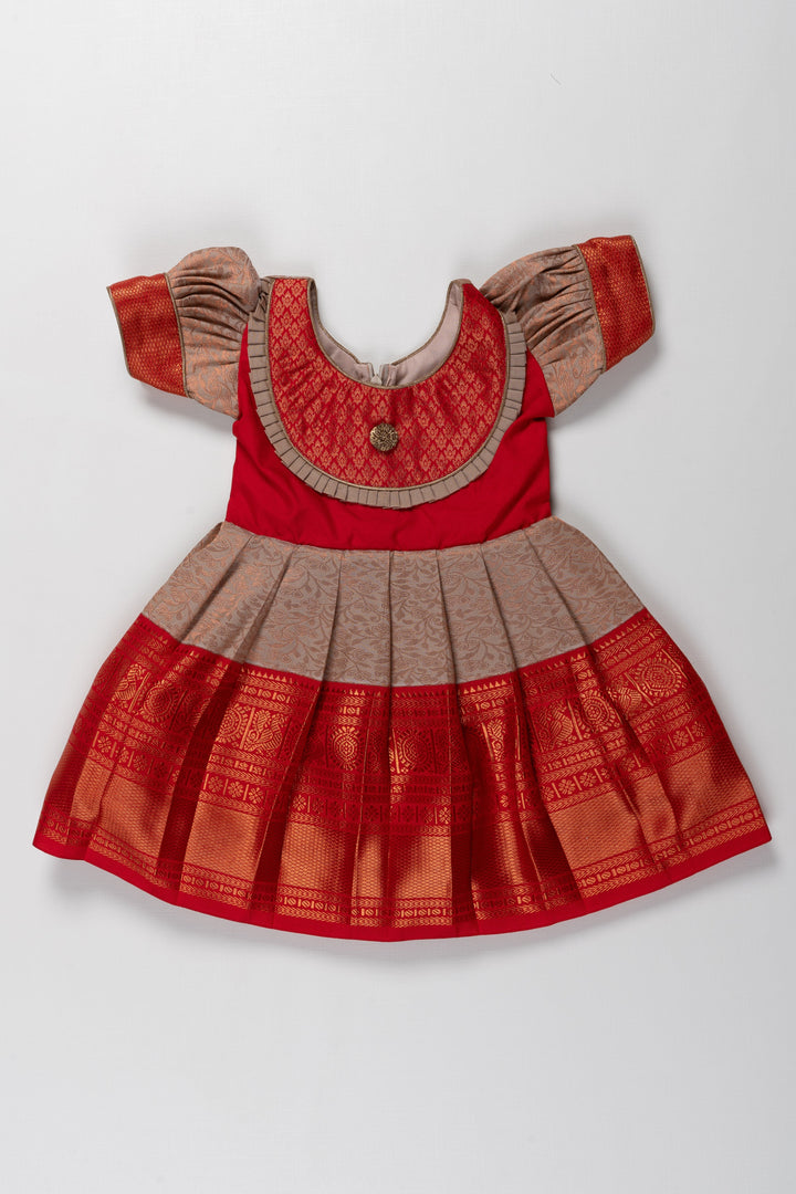 The Nesavu Girls Kanchi Silk Frock Reshme Kanchivaram Silk Frock for Kids - Suitable for Ganeshotsav Nesavu 14 (6M) / Gray / Style 3 SF799C-14 Reshme Kanchivaram Silk Frock for Kids - Ideal for Ganeshotsav