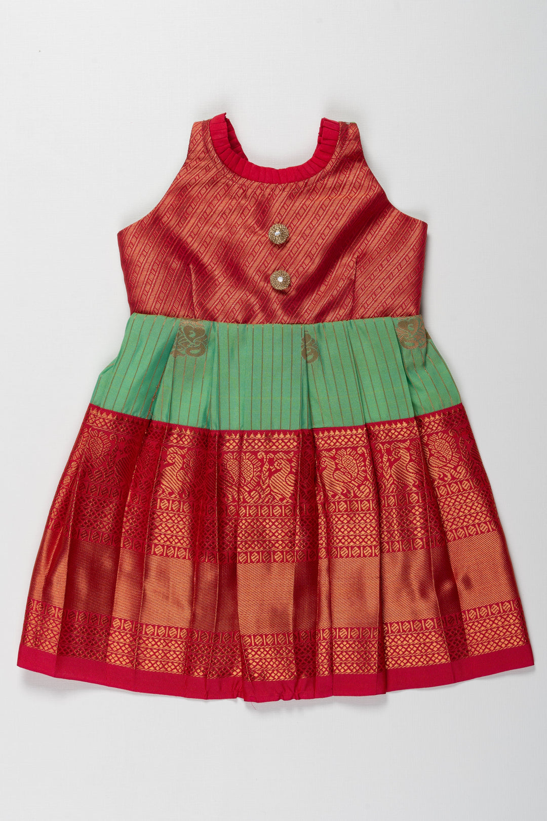 The Nesavu Girls Kanchi Silk Frock Reshme Kanchivaram Silk Frock for Kids - Suitable for Thottil Ceremony Nesavu 14 (6M) / Green / Style 1 SF793A-14 Reshme Kanchivaram Silk Frock for Kids - Ideal for Thottil Ceremony