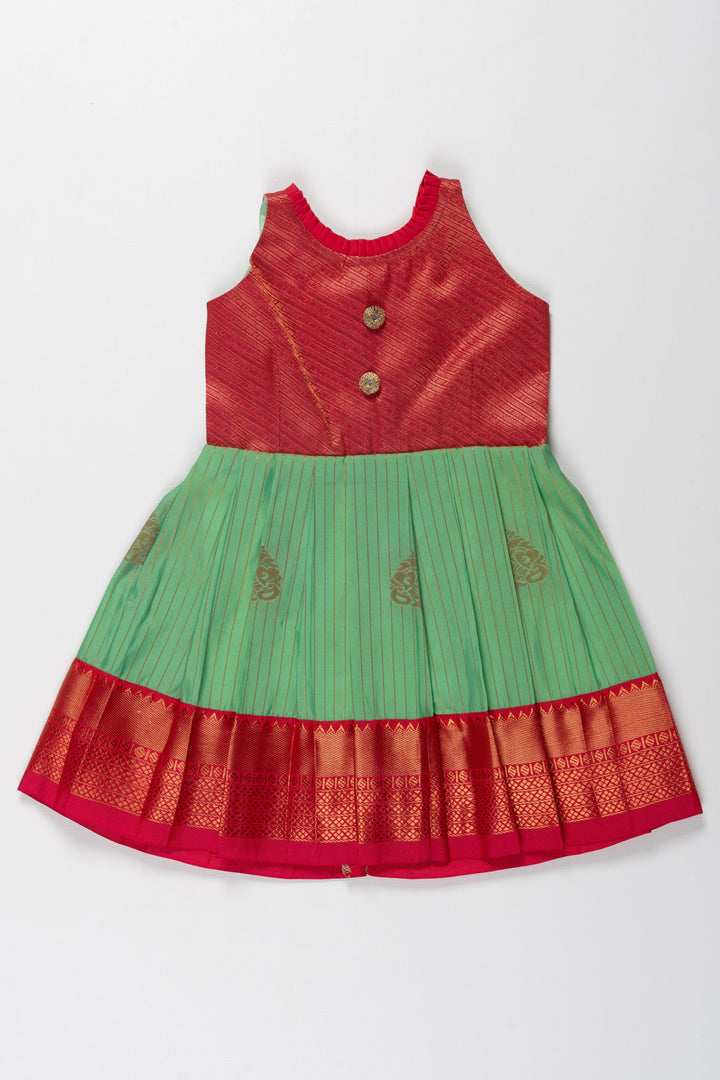 The Nesavu Girls Kanchi Silk Frock Reshme Kanchivaram Silk Frock for Kids - Suitable for Thottil Ceremony Nesavu 14 (6M) / Green / Style 3 SF793C-14 Reshme Kanchivaram Silk Frock for Kids - Ideal for Thottil Ceremony