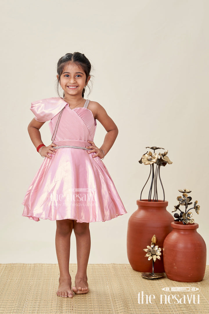 The Nesavu Girls Fancy Party Frock Rose Gold Party Frock for Girls Organza Dress with One-Shoulder Drape Nesavu 16 (1Y) / Peach PF241A-16 Nesavu Rose Gold Party Frock Girls Organza Dress One-Shoulder Drape Shimmer Details