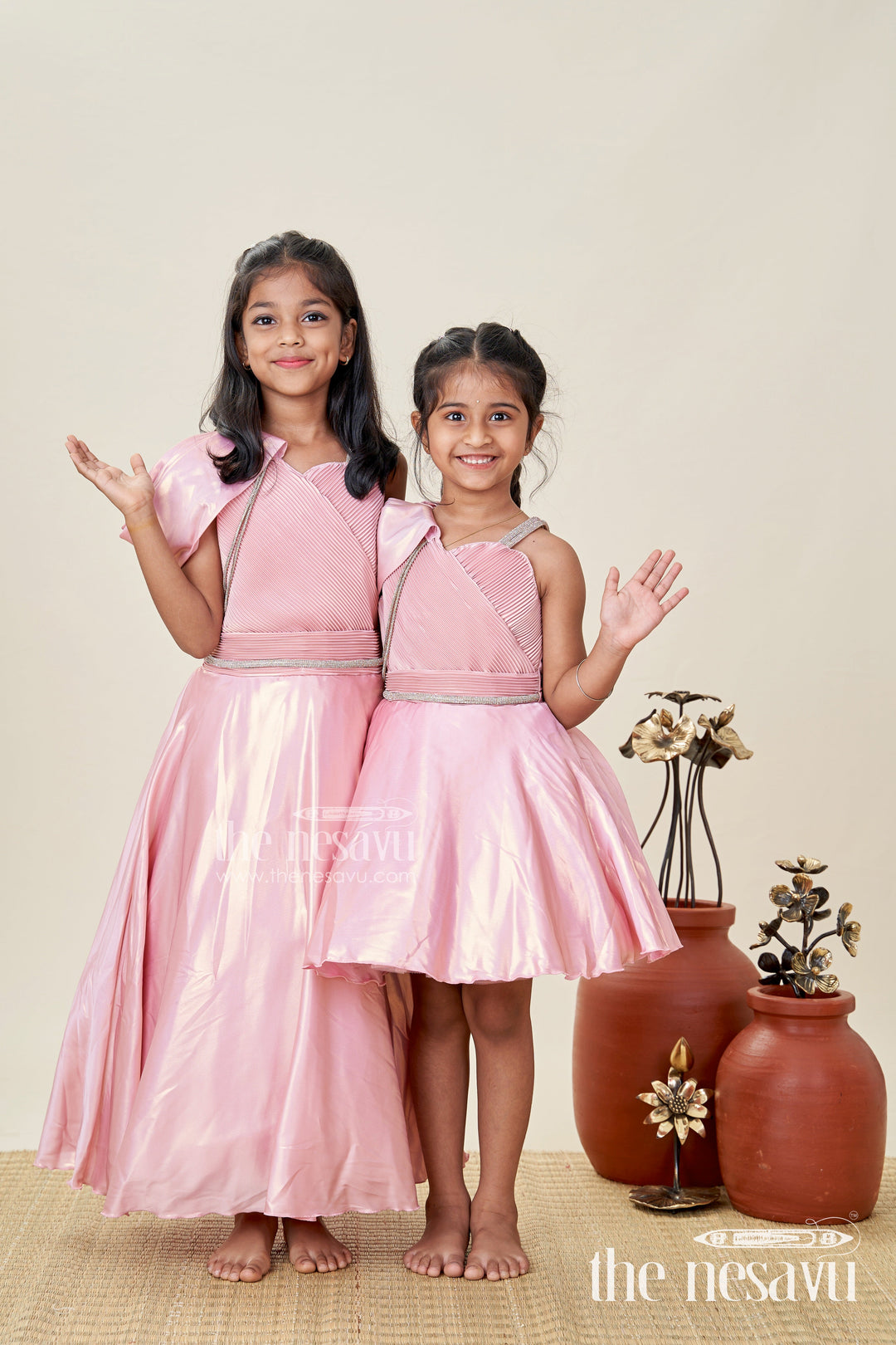 The Nesavu Girls Fancy Party Frock Rose Gold Party Frock for Girls Organza Dress with One-Shoulder Drape Nesavu Nesavu Rose Gold Party Frock Girls Organza Dress One-Shoulder Drape Shimmer Details