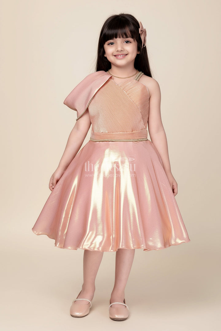 The Nesavu Girls Fancy Party Frock Rose Gold Party Frock for Girls Organza Dress with One-Shoulder Drape Nesavu Nesavu Rose Gold Party Frock Girls Organza Dress One-Shoulder Drape Shimmer Details