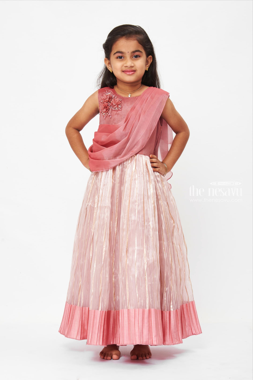 The Nesavu Girls Party Gown Rose Gold Shimmer Pleated Evening Gown with Sequin Bodice Detail Nesavu 22 (4Y) / Beige / Organza GA191A-22 Rose Gold Sequined Evening Gown | Pleated Shimmer Party Dress | The Nesavu
