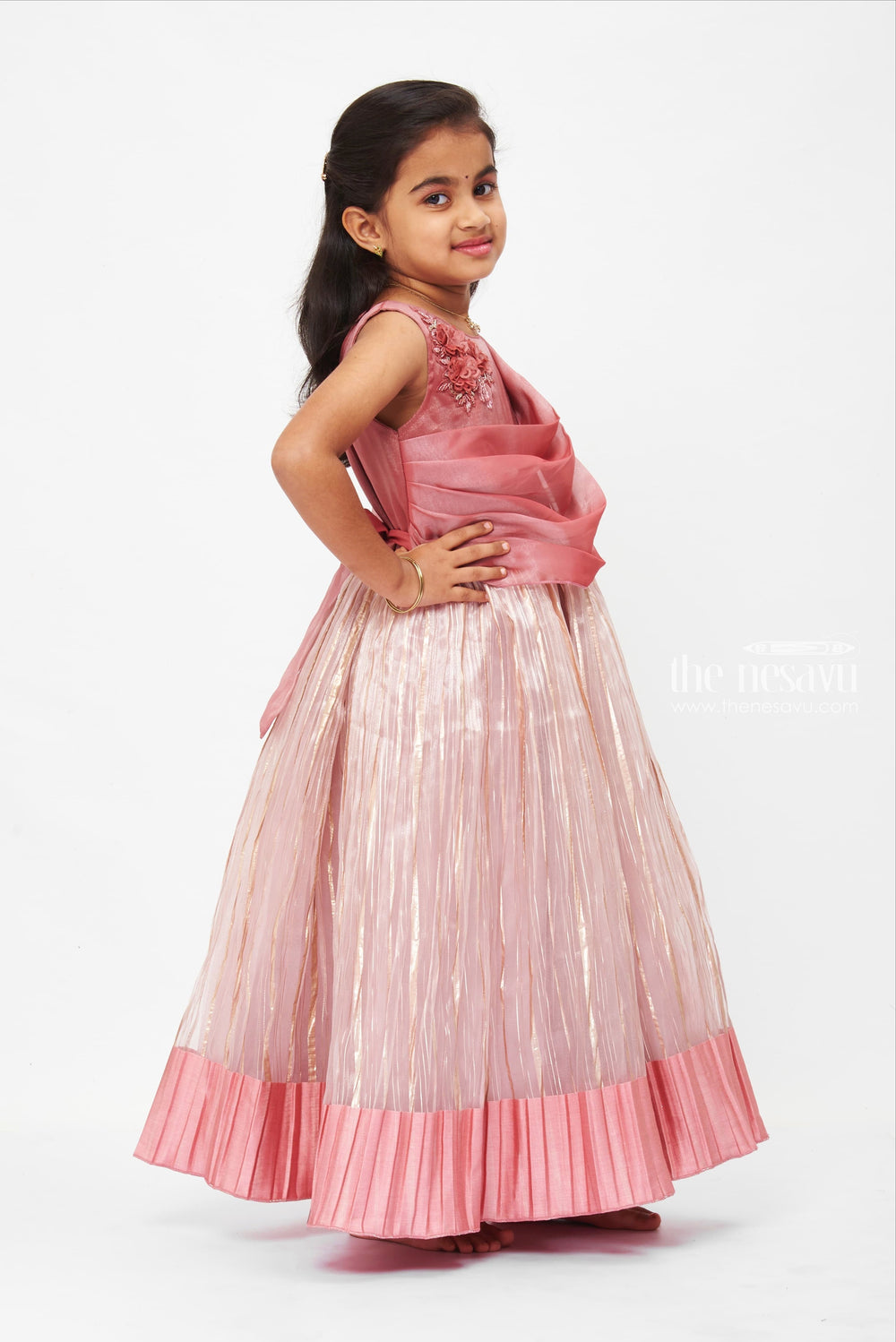 The Nesavu Girls Party Gown Rose Gold Shimmer Pleated Evening Gown with Sequin Bodice Detail Nesavu Rose Gold Sequined Evening Gown | Pleated Shimmer Party Dress | The Nesavu