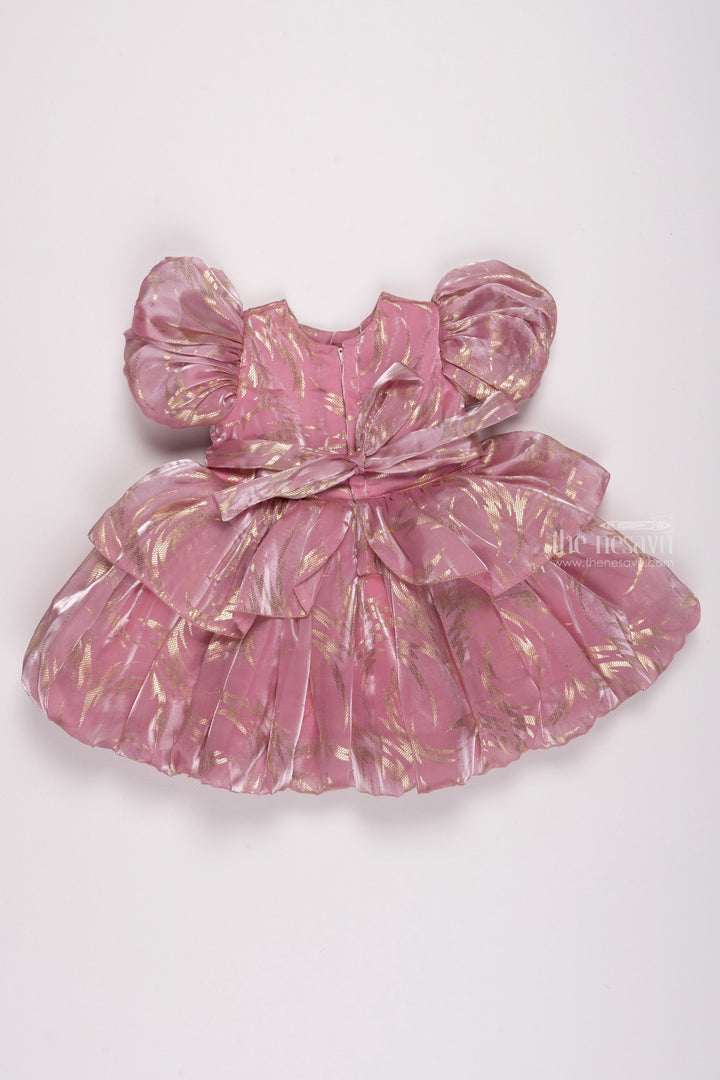 The Nesavu Girls Fancy Party Frock Rose Radiance: Girls Organza Party Frock with Lustrous Foil Print & Bow Detail Nesavu Mermaid Birthday Outfits: Trendy & Stylish Baby Girl Frocks | The Nesavu