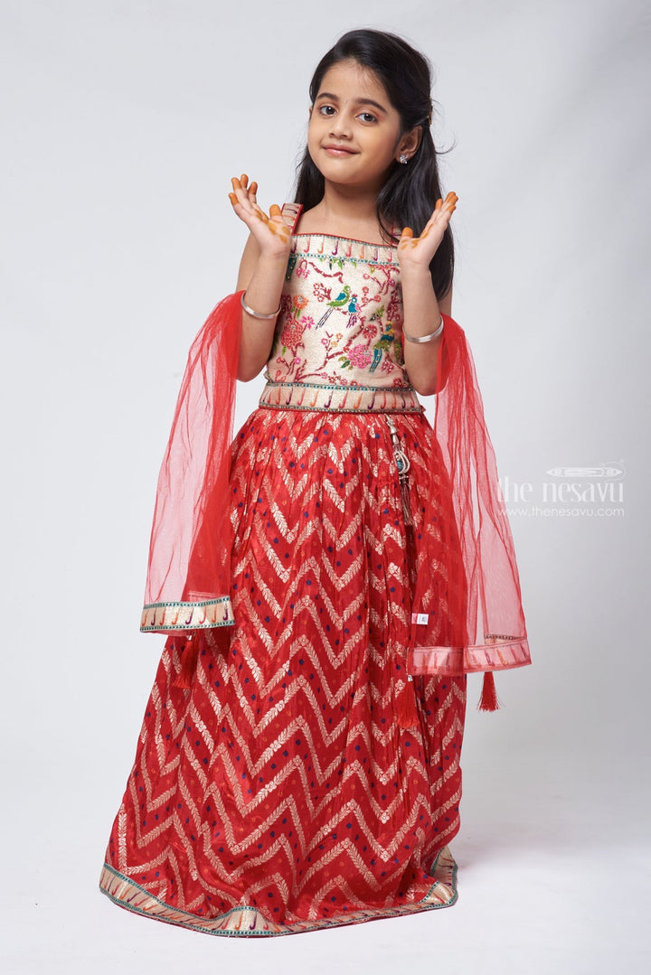 The Nesavu Lehenga & Ghagra Rosy Radiance Zari-Floral Designer Lehanga Top & Red Ghagra for Girls Nesavu Elegant Design Lehanga Set Online | Trendy Wear | The Nesavu