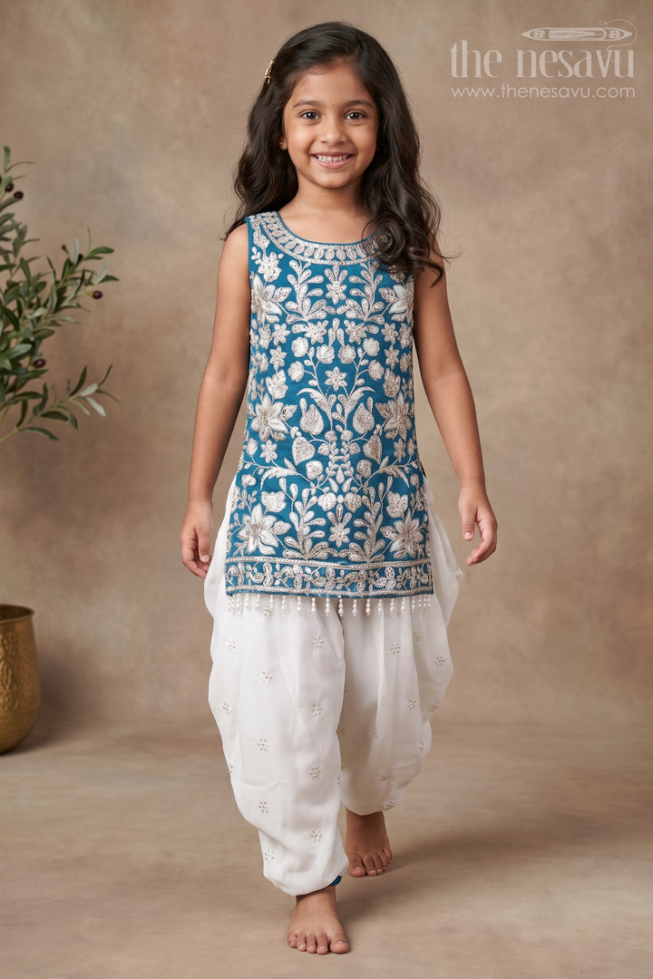 The Nesavu Girls Dothi Sets Royal Blue Embroidered Kurti Set with Dhoti Pants Nesavu 18 (2Y) / Blue GPS754A-18 Nesavu navy blue embroidered kurti dhoti pants  girls ethnic dress