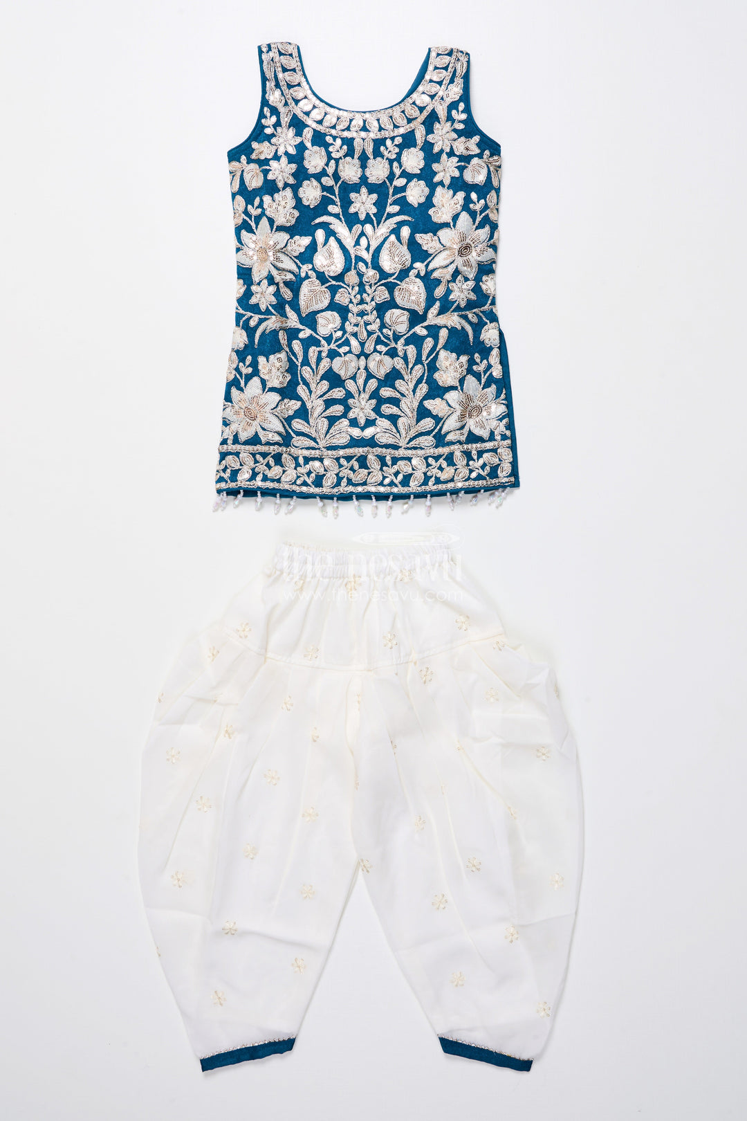 The Nesavu Girls Dothi Sets Royal Blue Embroidered Kurti Set with Dhoti Pants Nesavu Nesavu navy blue embroidered kurti dhoti pants  girls ethnic dress