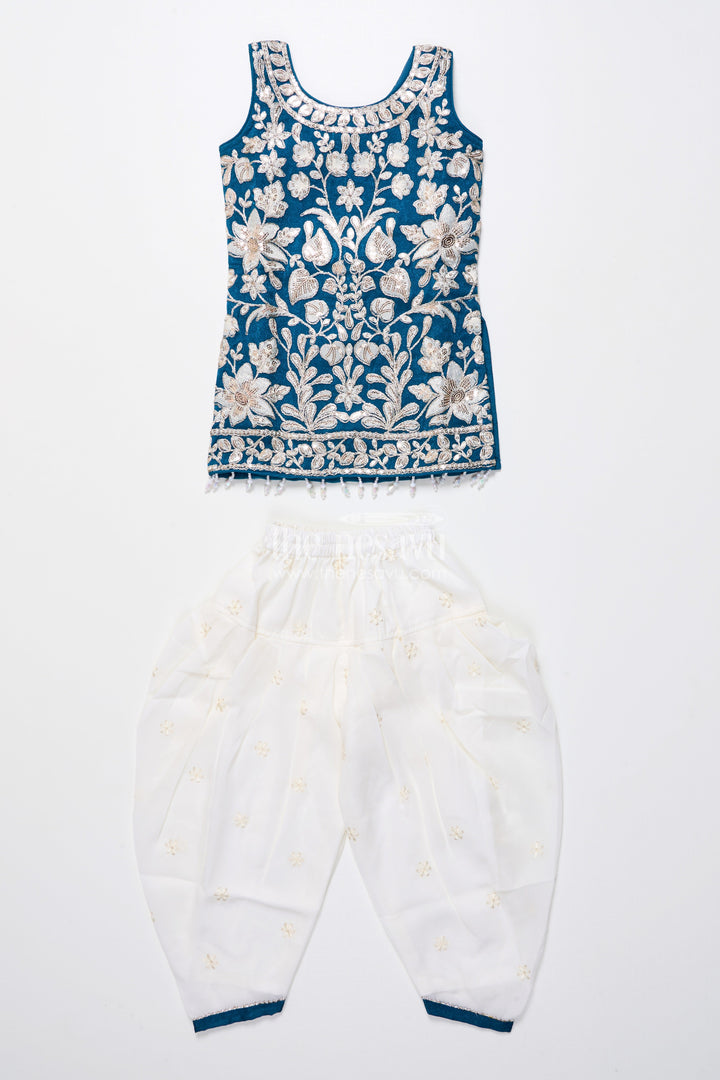 The Nesavu Girls Dothi Sets Royal Blue Embroidered Kurti Set with Dhoti Pants Nesavu Nesavu navy blue embroidered kurti dhoti pants  girls ethnic dress