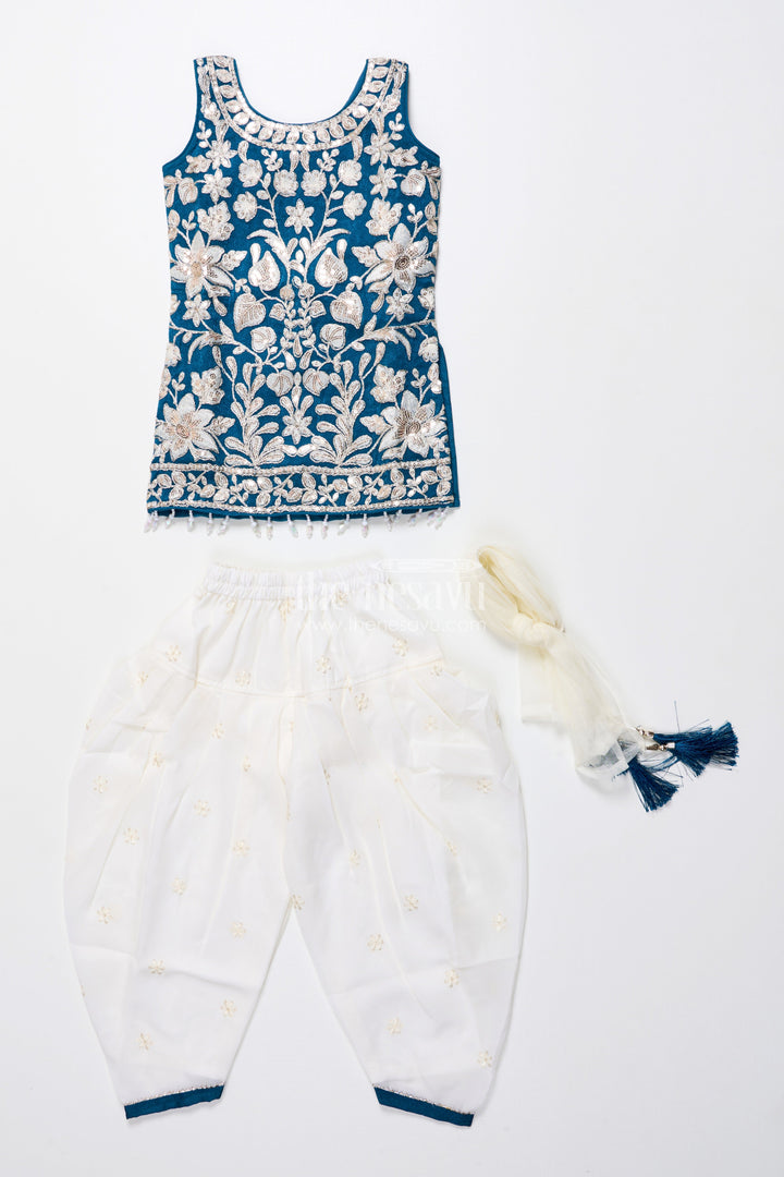 The Nesavu Girls Dothi Sets Royal Blue Embroidered Kurti Set with Dhoti Pants Nesavu Nesavu navy blue embroidered kurti dhoti pants  girls ethnic dress