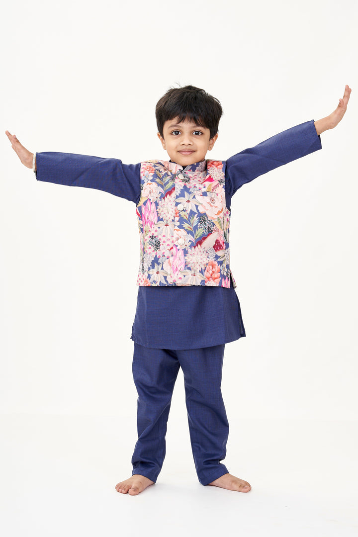 The Nesavu Boys Kurtha Set Royal Blue Kurta Set for Boys with Colorful Digital Print Jacket in Cotton Blend Nesavu 16 (1Y) / Blue BES688B-16 Royal Blue Kurta Set Boys Digital Print Jacket Cotton Blend | The Nesavu