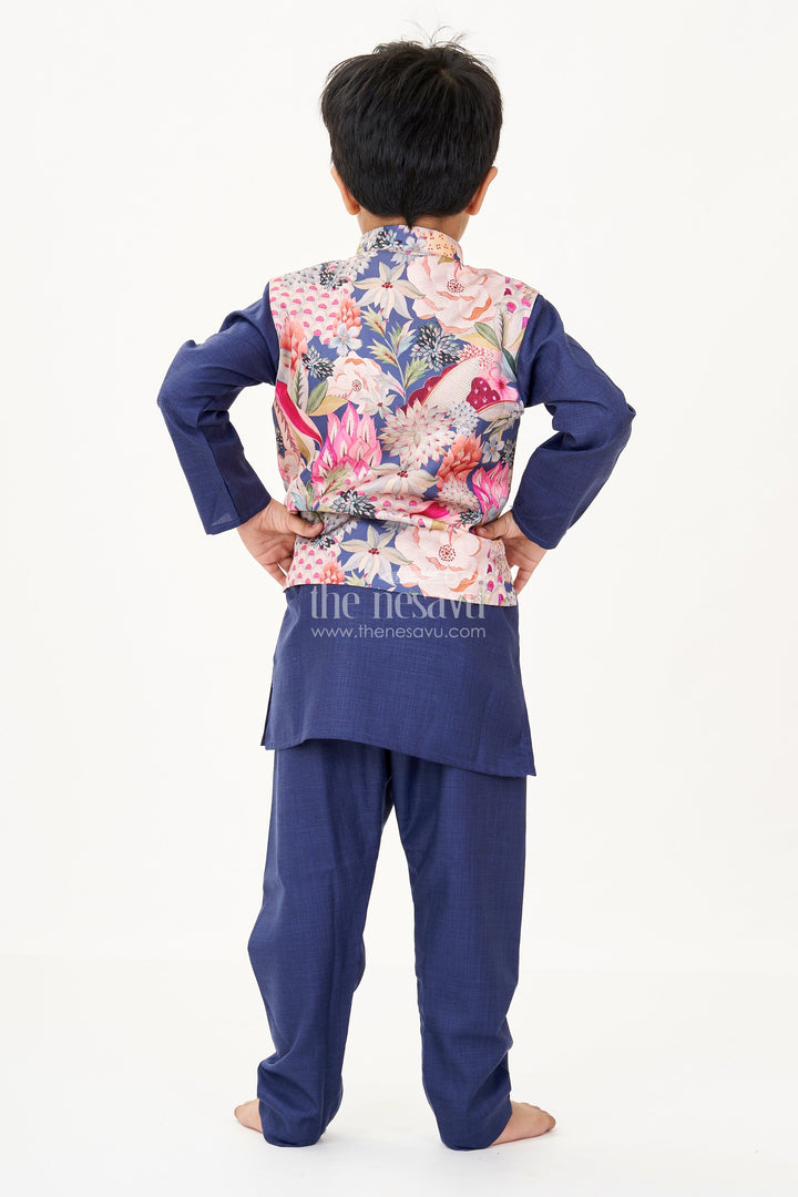 The Nesavu Boys Kurtha Set Royal Blue Kurta Set for Boys with Colorful Digital Print Jacket in Cotton Blend Nesavu Royal Blue Kurta Set Boys Digital Print Jacket Cotton Blend | The Nesavu