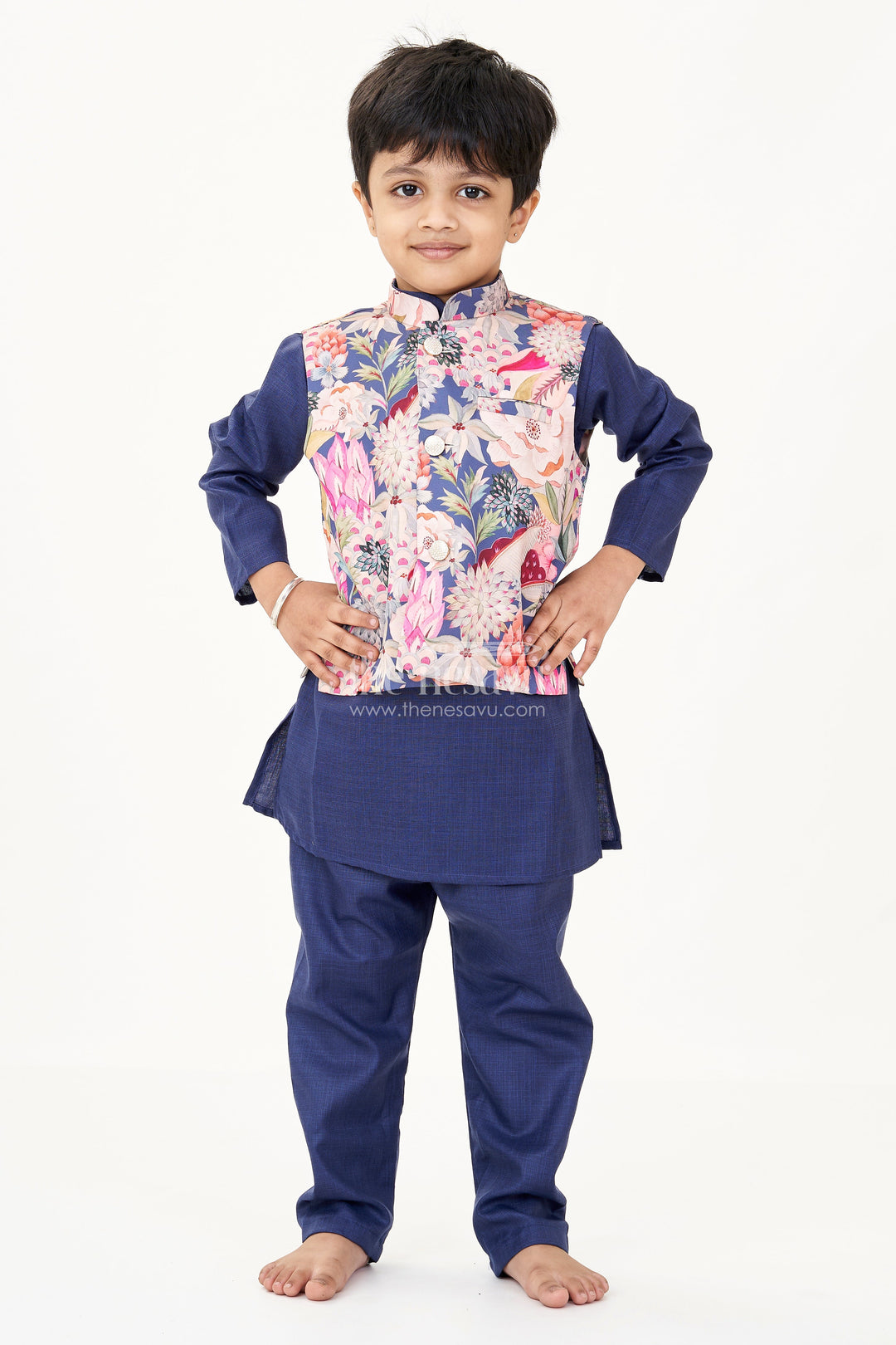 The Nesavu Boys Kurtha Set Royal Blue Kurta Set for Boys with Colorful Digital Print Jacket in Cotton Blend Nesavu Royal Blue Kurta Set Boys Digital Print Jacket Cotton Blend | The Nesavu