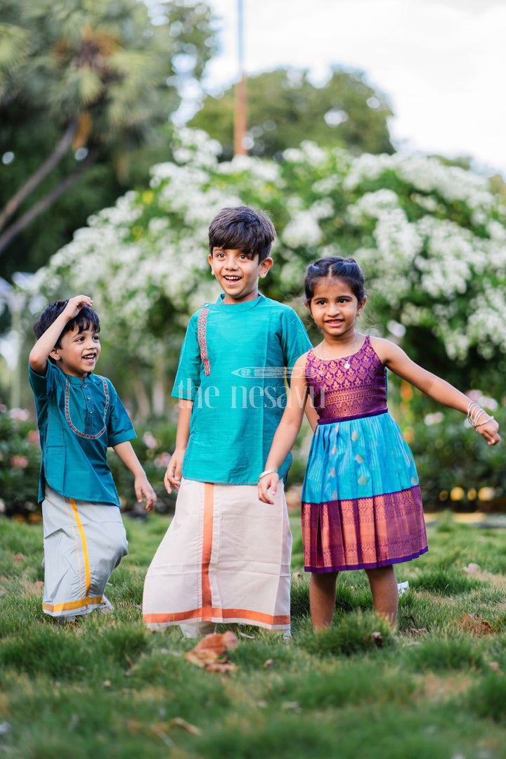 The Nesavu Girls Kanchi Silk Frock Royal Festive Attire for Little Ones: Purple and Green Kanji Border Silk Frock Nesavu Royal Festive Attire for Little Ones: Purple and Green Kanji Border Silk Frock