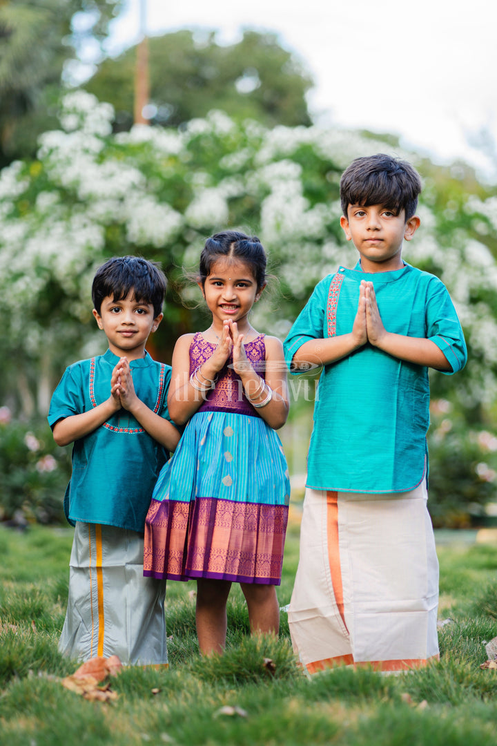 The Nesavu Girls Kanchi Silk Frock Royal Festive Attire for Little Ones: Purple and Green Kanji Border Silk Frock Nesavu Royal Festive Attire for Little Ones: Purple and Green Kanji Border Silk Frock