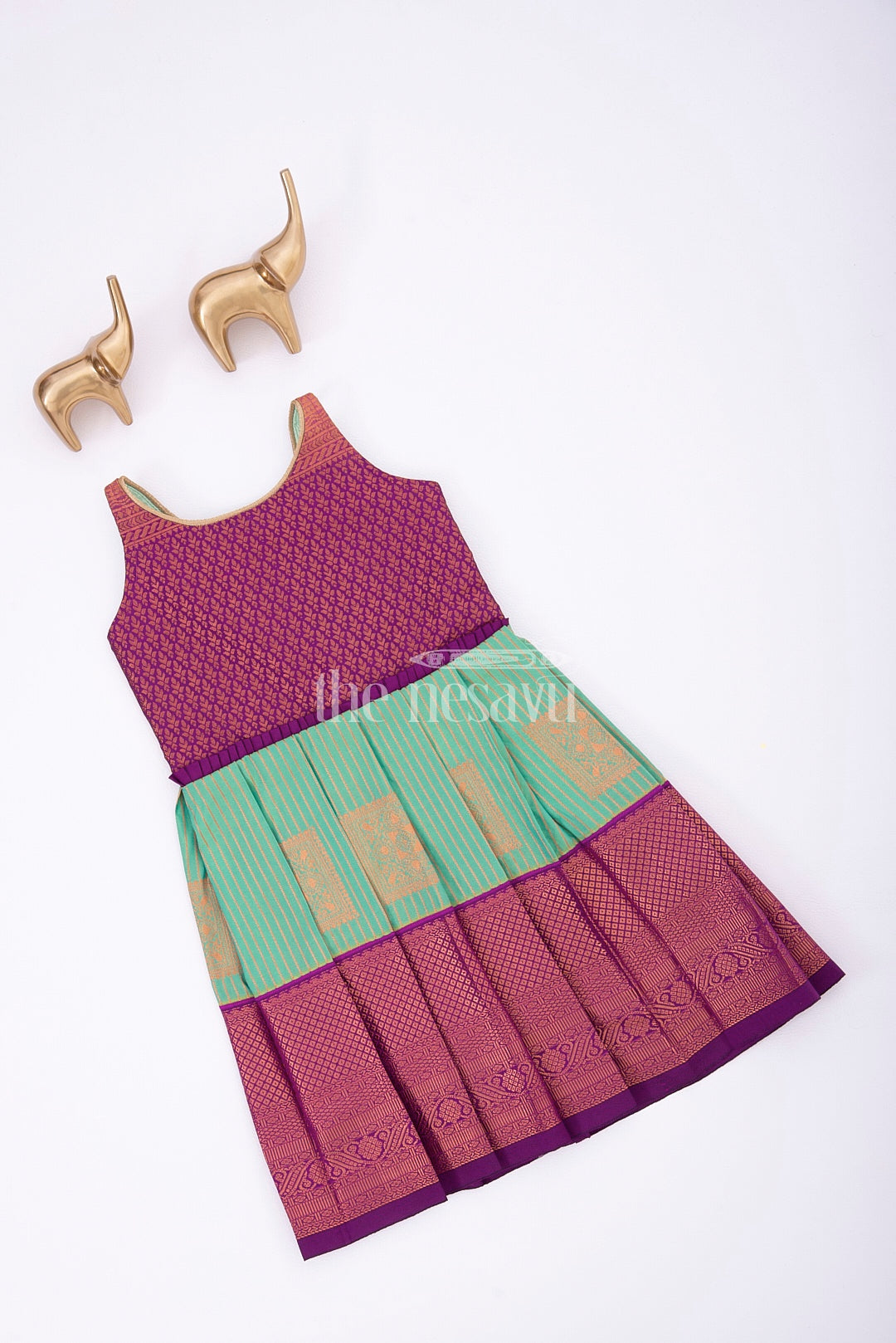 The Nesavu Girls Kanchi Silk Frock Royal Festive Attire: Purple and Green Kanji Border Silk Frock for Girls Nesavu Royal Festive Attire: Purple and Green Kanji Border Silk Frock for Girls - Traditional Wear