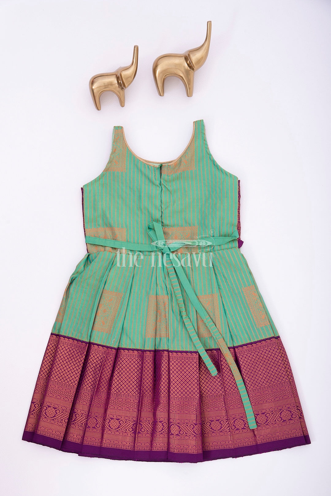 The Nesavu Girls Kanchi Silk Frock Royal Festive Attire: Purple and Green Kanji Border Silk Frock for Girls Nesavu Royal Festive Attire: Purple and Green Kanji Border Silk Frock for Girls - Traditional Wear