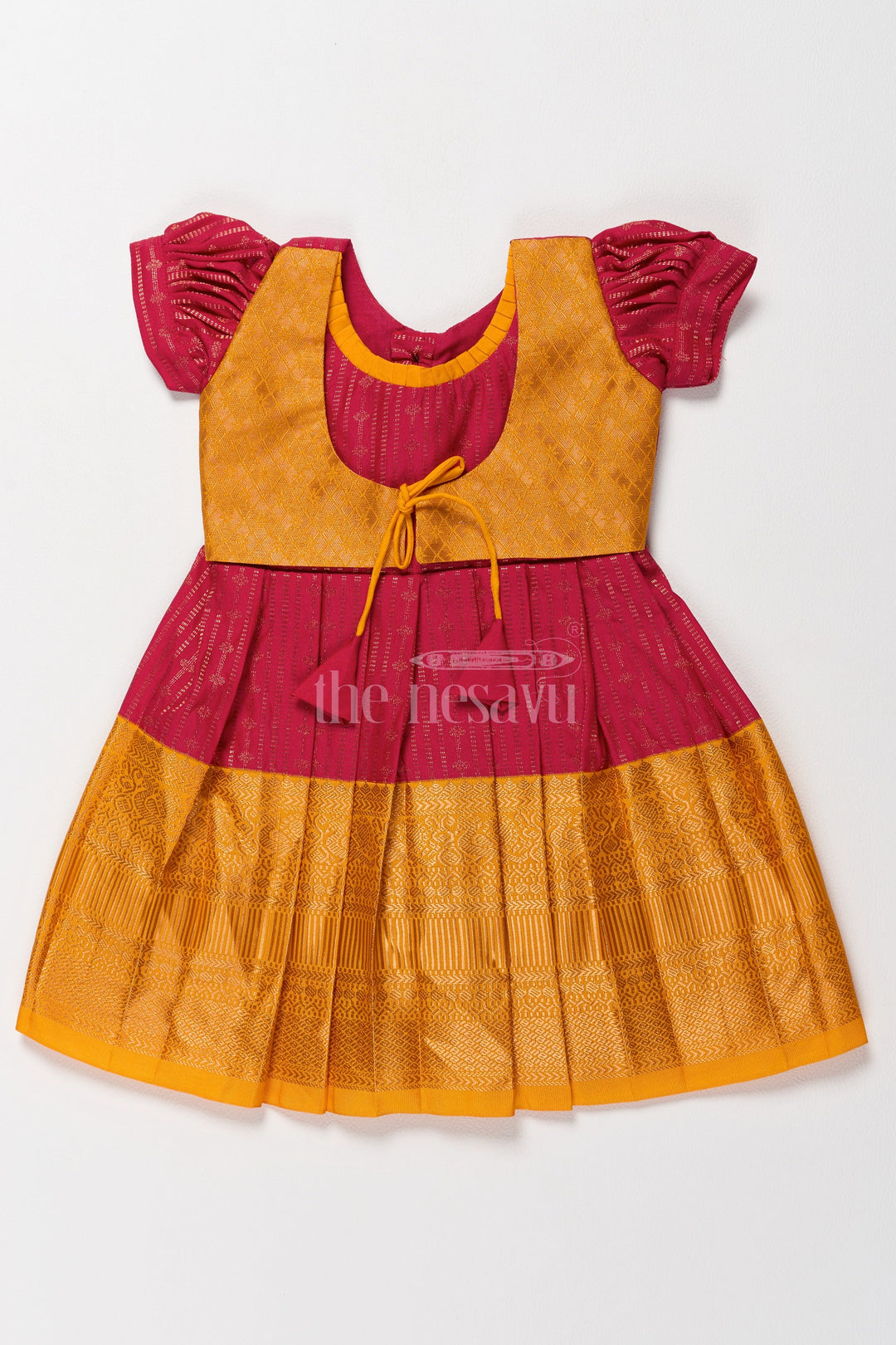 The Nesavu Girls Kanchi Silk Frock Royal Magenta and Yellow Girls Kanchi Gown Silk Frock with Golden Threadwork Nesavu 14 (6M) / Magenta / Style 1 SF820BA-14 Nesavus Magenta Yellow Kanchi Gown Silk Frock Girls Tasseled Jacket