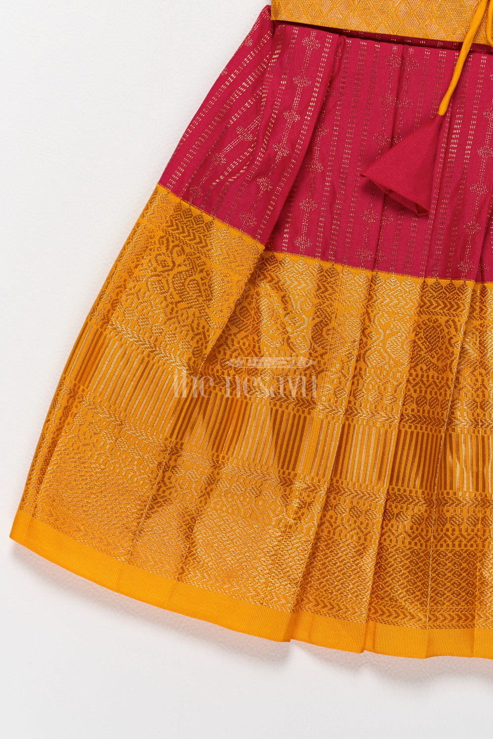 The Nesavu Girls Kanchi Silk Frock Royal Magenta and Yellow Girls Kanchi Gown Silk Frock with Golden Threadwork Nesavu Nesavus Magenta Yellow Kanchi Gown Silk Frock Girls Tasseled Jacket