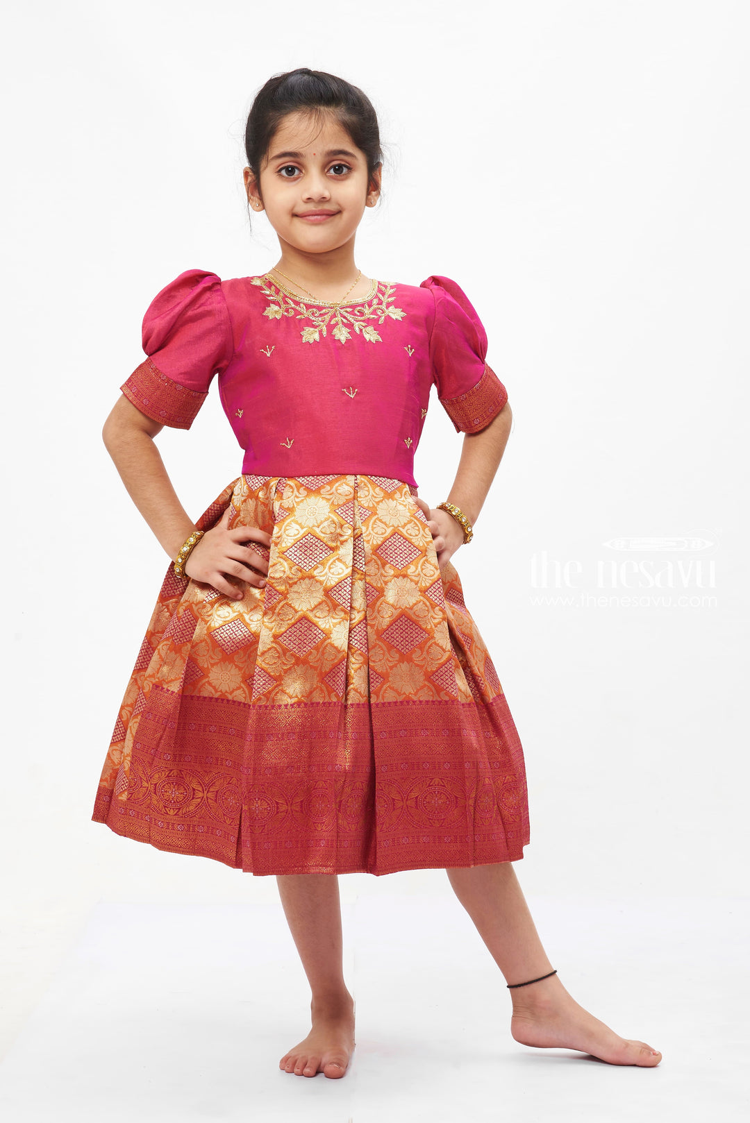 The Nesavu Silk Party Frock Royal Pink Pattu Frock with Golden Embroidery for Girls Nesavu Traditional Pattu Frock for Girls | Golden Embroidery Silk Frock | The Nesavu