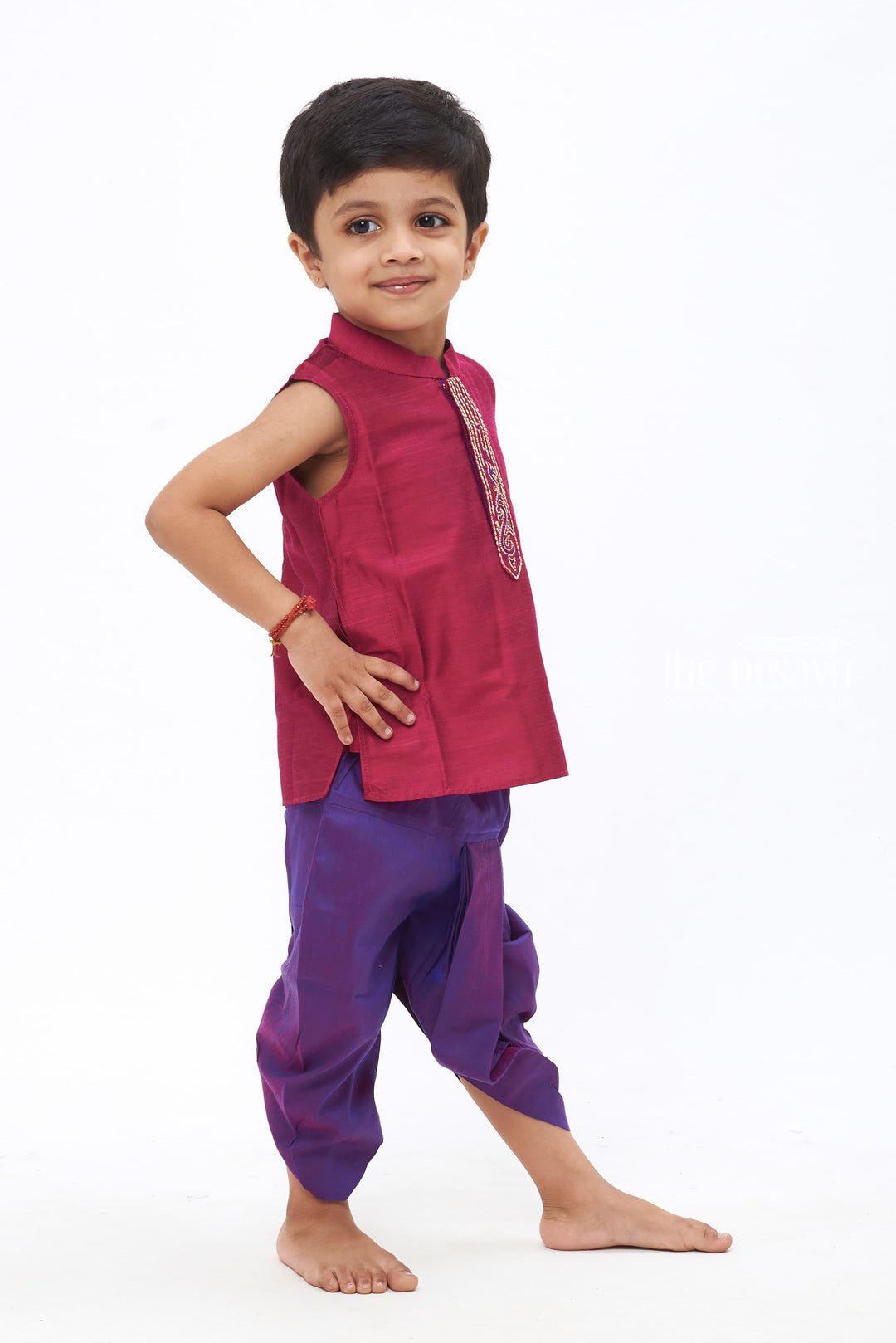 The Nesavu Boys Dothi Set Royal Radiance: Boys' Purple and Blue Silk Ensemble with Detailed Embroidery- Ethnic wear for boys Nesavu Festive Flair for Little Gents | Boys Kurta and Panchagajam New Arrivals | The Nesavu