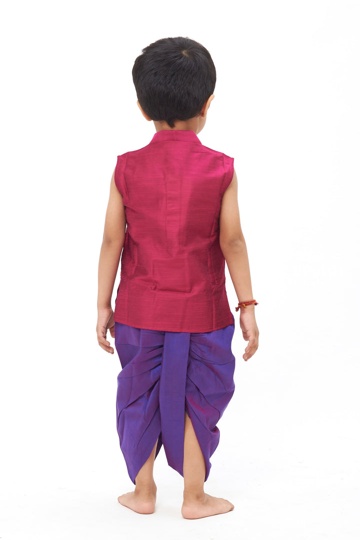 The Nesavu Boys Dothi Set Royal Radiance: Boys' Purple and Blue Silk Ensemble with Detailed Embroidery- Ethnic wear for boys Nesavu Festive Flair for Little Gents | Boys Kurta and Panchagajam New Arrivals | The Nesavu