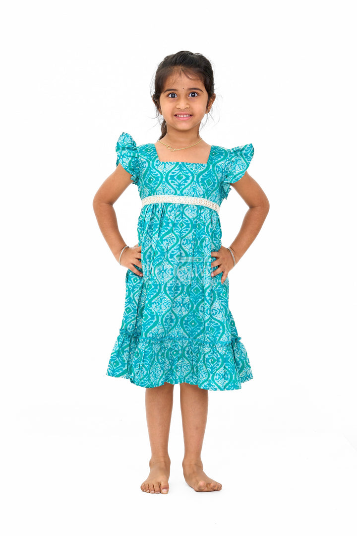 The Nesavu Girls Cotton Frock Ruffled Babydoll Mini Dress for Girls in Teal with Intricate Print Nesavu 16 (1Y) / Teal GFC1580A-16 Ruffled Babydoll Mini Dress Girls Teal Intricate Prints | The Nesavu