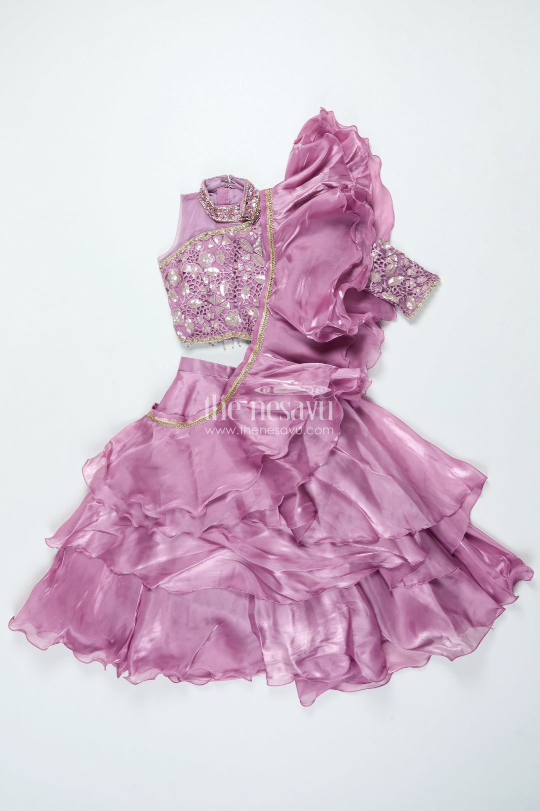 The Nesavu Girls Lehenga Choli Ruffled Organza Lehenga Choli for Girls with Designer Yoke for Birthday Parties and Sangeet Nesavu 24 (5Y) / Pink GL839A-24 Nesavu ruffled organza lehenga choli girls designer yoke ideal birthdays sangeet events