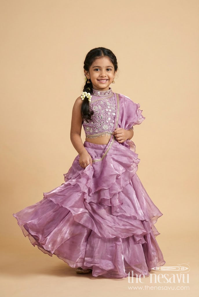 The Nesavu Girls Lehenga Choli Ruffled Organza Lehenga Choli for Girls with Designer Yoke for Birthday Parties and Sangeet Nesavu 24 (5Y) / Pink GL839A-24 Nesavu ruffled organza lehenga choli girls designer yoke ideal birthdays sangeet events