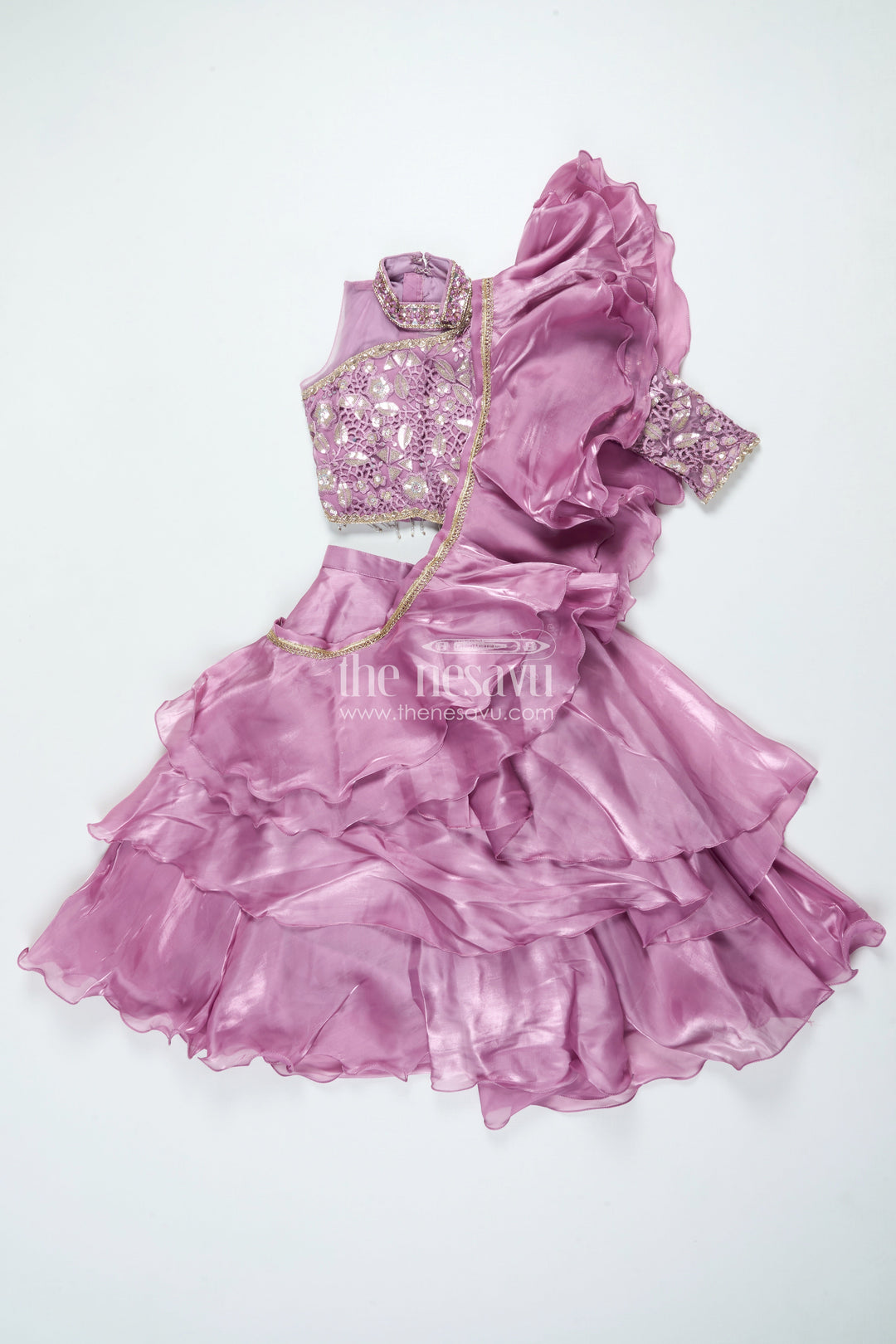 The Nesavu Girls Lehenga Choli Ruffled Organza Lehenga Choli for Girls with Designer Yoke for Birthday Parties and Sangeet Nesavu Nesavu ruffled organza lehenga choli girls designer yoke ideal birthdays sangeet events