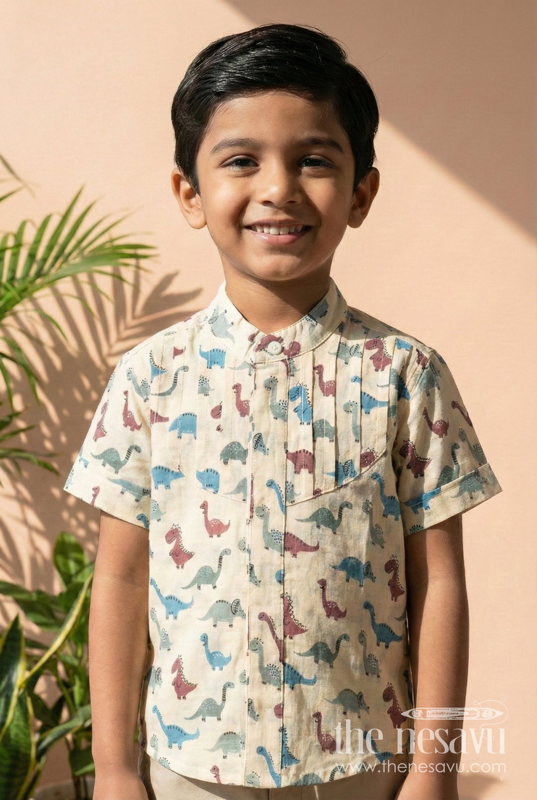 The Nesavu Boys Cotton Shirt Safari Dinosaur Print Shirt for Boys Soft Cotton for Toddler Wear Nesavu 16 (1Y) / Cream BS279B-16 Nesavu Toddler Boys Cotton Safari Shirt Dinosaur Motif Maroon Blue Daily Comfort