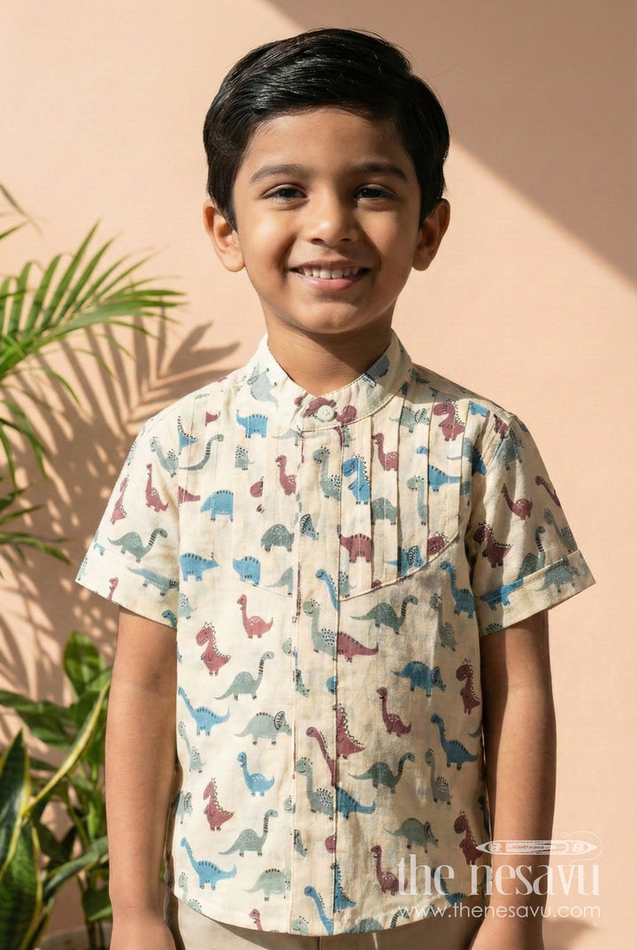 The Nesavu Boys Cotton Shirt Safari Dinosaur Print Shirt for Boys Soft Cotton for Toddler Wear Nesavu 16 (1Y) / Cream BS279B-16 Nesavu Toddler Boys Cotton Safari Shirt Dinosaur Motif Maroon Blue Daily Comfort