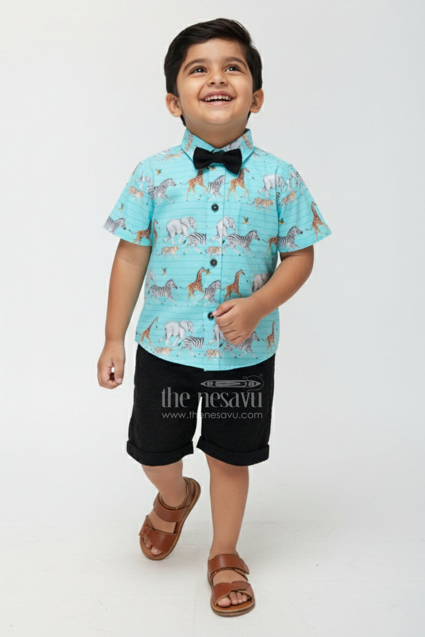 The Nesavu Boys Casual Set Safari Print Boys Cotton Set for Playdates and Summer Fun Nesavu 14 (6M) / Blue BCS392AA-14 Nesavu boys cotton outfit safari print shorts  perfect birthdays summer play