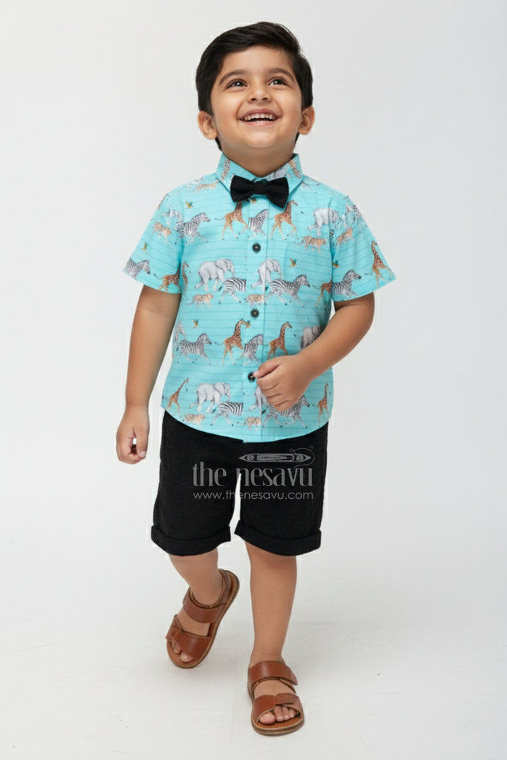 The Nesavu Boys Casual Set Safari Print Boys Cotton Set for Playdates and Summer Fun Nesavu 14 (6M) / Blue BCS392AA-14 Nesavu boys cotton outfit safari print shorts  perfect birthdays summer play