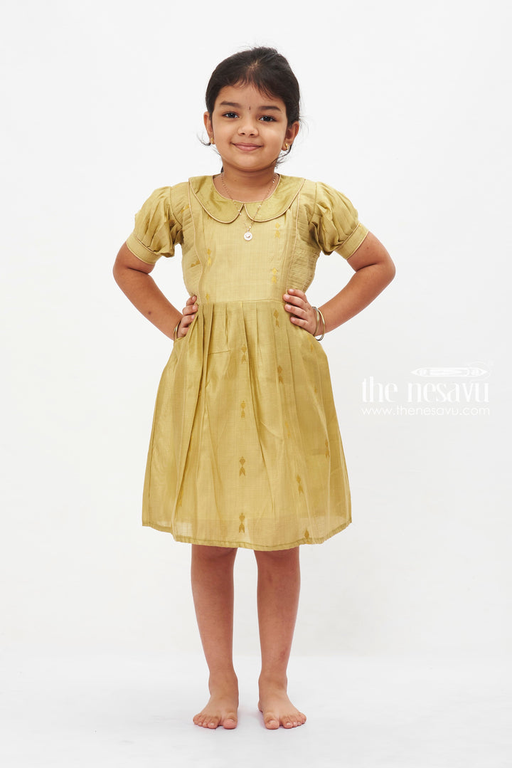 The Nesavu Girls Cotton Frock Sage Splendor Puff Sleeve Dress: Girls' Festive Frock with Golden Accents Nesavu 14 (6M) / Green GFC1206A-14 Elegant Sage Green Girls Dress with Gold Motifs | Traditional Puff Sleeve Frock | The Nesavu